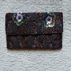 Chocolate Brown Beaded Floral Evening Clutch